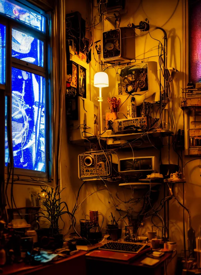 Prompt: telephoto 7 0 mm f / 2. 8 iso 2 0 0 photograph depicting the feeling of chrysalism in a cosy cluttered french sci - fi ( ( art nouveau ) ) cyberpunk apartment in a dreamstate art cinema style. ( ( computer screens, window rain, sink ( ( ( fish tank ) ) ) ) ), ambient light.