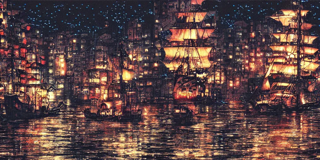 Image similar to cruiser sailing on flooded miniature kowloon city at night, raining, art by yoshitaka amano, and artgerm, pixel art