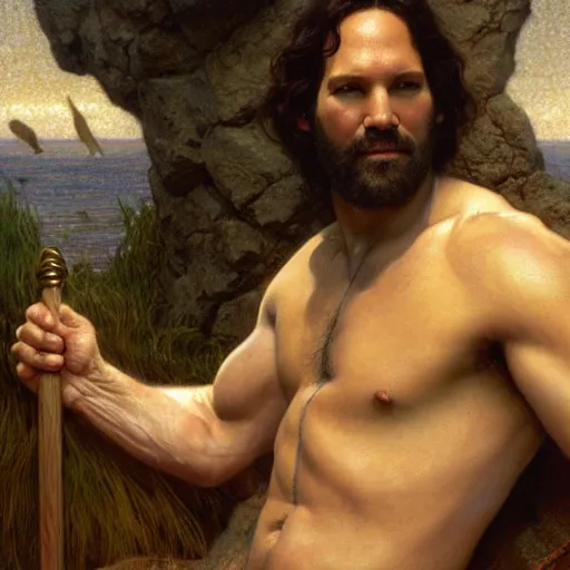 Image similar to muscular paul rudd as the biblical noah, ark in the distance natural lighting, path traced, highly detailed, high quality, digital painting, by gaston bussiere, craig mullins, alphonse mucha j. c. leyendecker, tom of finland