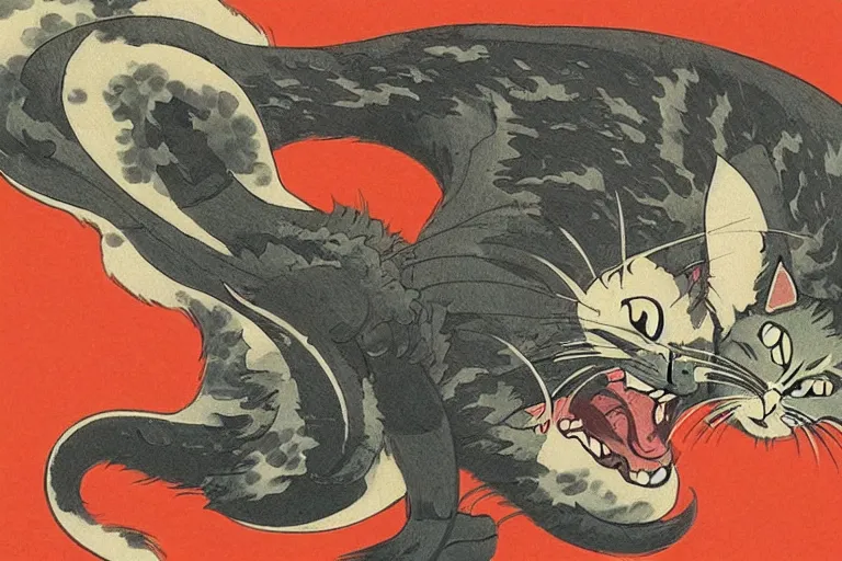 Image similar to cat attacking Tokyo, print by Hokusai, masterpiece, masterwork, artstation