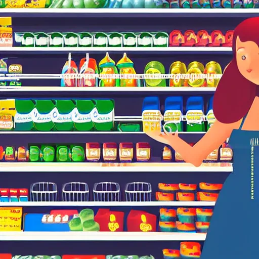 Image similar to storybook illustration of a woman in a supermarket trying to reach for something on the top shelf, storybook illustration, monochromatic