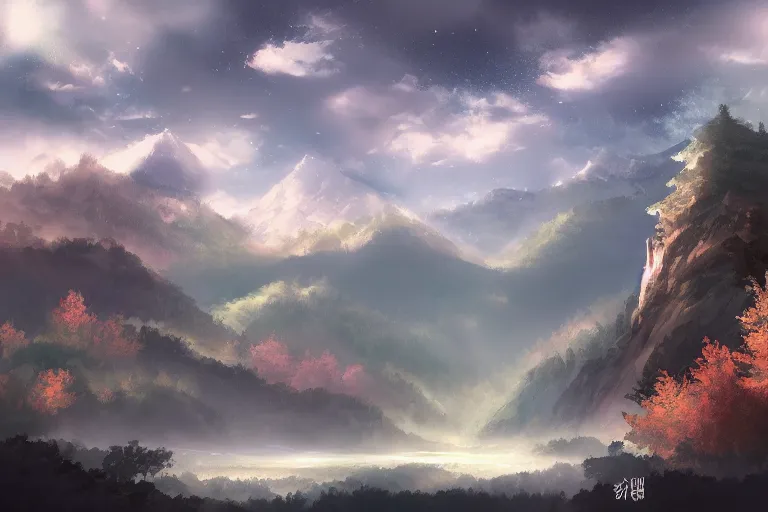 Image similar to mystical scenery , by Sakimori, digital art, pixiv scenery art