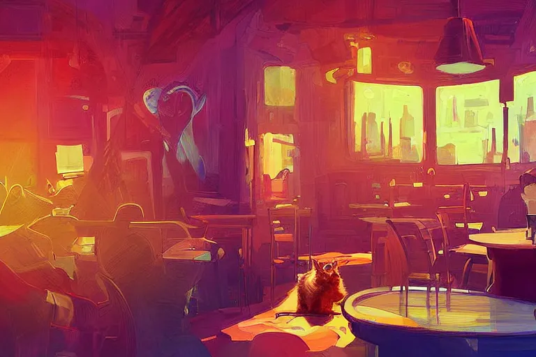 Image similar to a digital art of a cat sits on a chair in a bar in the afternoon, the sun shines in, animal, light effect, highly detailed, by anton fadeev