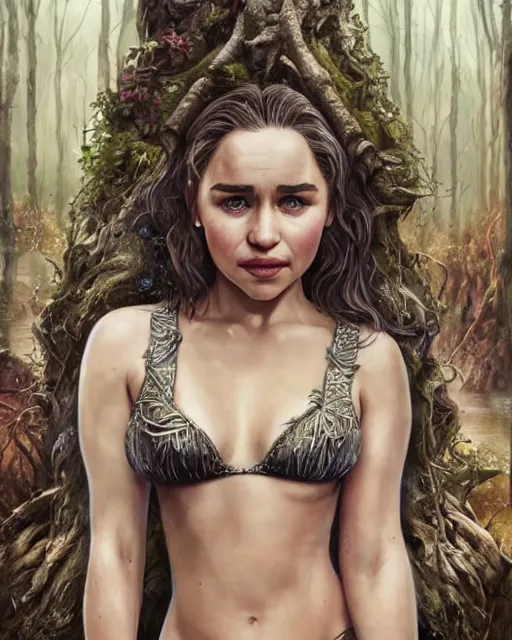 Prompt: beautiful emilia clarke as a wearing a magical bikini in a magical raining forest, highly detailed and realistic face, rain drops on face, beautiful detailed eyes with a piercing gaze, fantasy art, in the style of artgerm, illustration, epic, fantasy, intricate, hyper detailed, artstation, concept art, smooth, sharp focus, ray tracing, vibrant, photorealistic