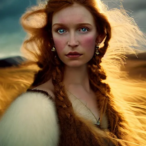 Prompt: photographic portrait of a stunningly beautiful dressed highland renaissance female in the hebrides in soft dreamy light at sunset, soft focus, contemporary fashion shoot, hasselblad nikon, in a denis villeneuve movie, by edward robert hughes, annie leibovitz and steve mccurry, david lazar, jimmy nelsson, hyperrealistic, perfect face