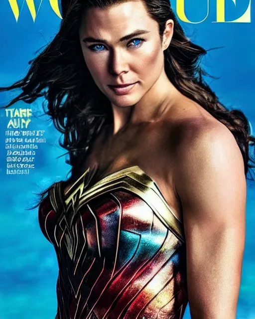 Image similar to Chris Hemsworth looking like Wonder Woman, Vogue cover photo, realistic face, detailed face, highly detailed, professional photo