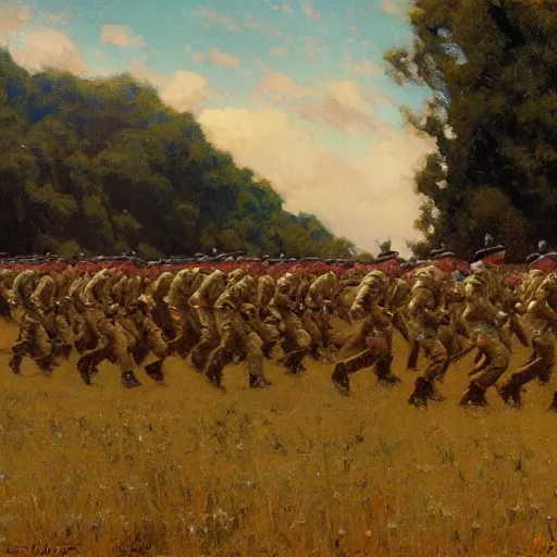 Prompt: detailed wide shot of soldiers marching in the field, spring light, painting by gaston bussiere, craig mullins, j. c. leyendecker