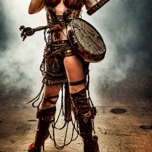 Image similar to long shot photo beautiful steampunk barbarian, highly detailed, 4k, HDR, award-winning photo