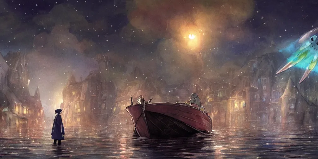 Prompt: a realistic and atmospheric cell - shaded concept art from howl's moving castle ( 2 0 0 4 ) of a multi - colored ufo. a man with an umbrella is standing in a boat in a flooded alleyway. it is a misty starry night. very dull colors, hd, 4 k, hq