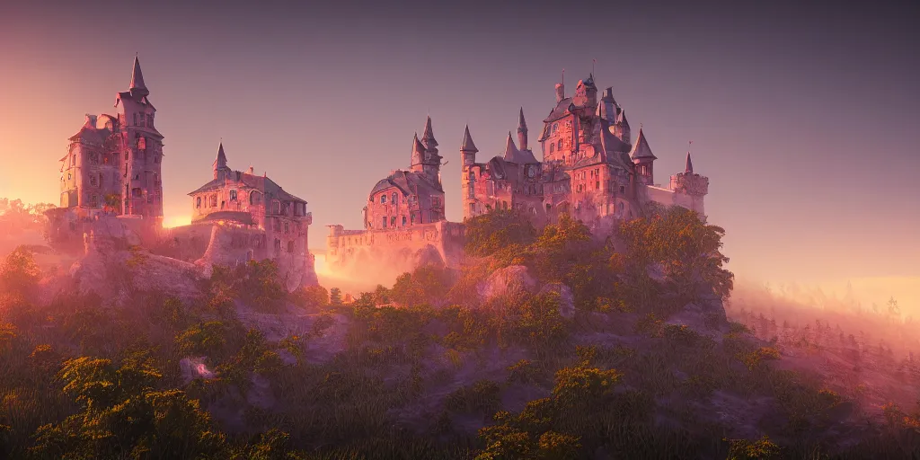 Prompt: a highly detailed photo of an idigenous persons castle surrounded by a mist shot during sunset on 3 0 mm film painted by alena aenami, rendered in unreal engine