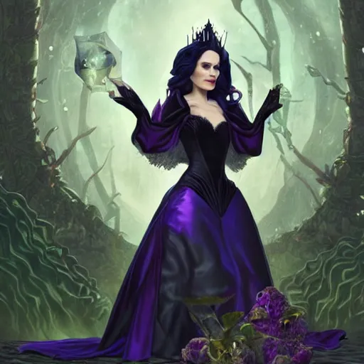 Prompt: evil queen holding up a crystal apple with both hands, wearing a black dress with big collar, a violet magical jungle in the background. in the style of magic the gathering, james jean, ross tran, craig mullins. yennefer vengerberg, magical atmosphere, superdetailed illustration, 3 d art overpain, 8 k