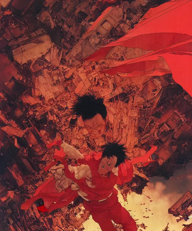 Prompt: katsuhiro otomo, a wide angle movie still of destroyed city, a close up of very angry tetsuo with red cape from akira, vibrant colors and hard shadows and strong rim light, comic cover art, plain background, trending on artstation, in the style of katsuhiro otomo greg rutkowski alphonse mucha