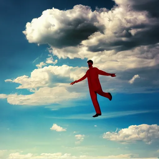 Image similar to a man floating in the sky, his past and the clouds are behind him