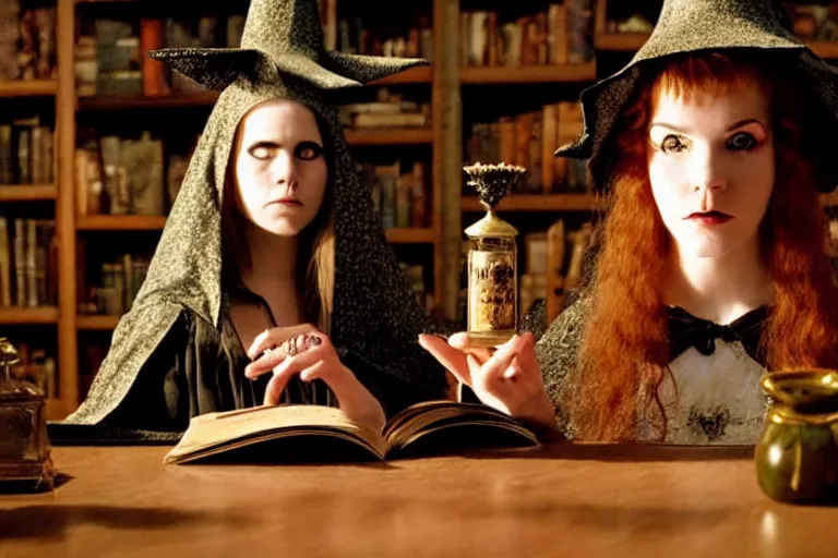 Image similar to close up portrait, dramatic lighting, teen alice witch casting a spell over a large open book on a table with,, cat on the table in front of her, sage smoke, a witch hat cloak, apothecary shelves in the background, still from tim burton movie