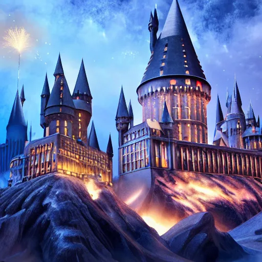 Image similar to hogwarts castle with fireworks and wizards flying on brooms in the night sky, volumetric lighting, 8 k octane beautifully detailed render, post - processing, extremely hyper - detailed, intricate, epic composition, cinematic lighting, masterpiece, trending on artstation, detailed detailed detailed, masterpiece, stunning art by anders zorn, wonderful masterpiece by greg rutkowski, beautiful cinematic light,