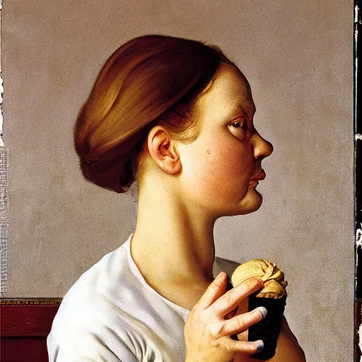 Image similar to Portrait of a woman staring blankly at the viewer while tears stream down her cheeks and she holds an ice cream in her hand, by normal Rockwell.
