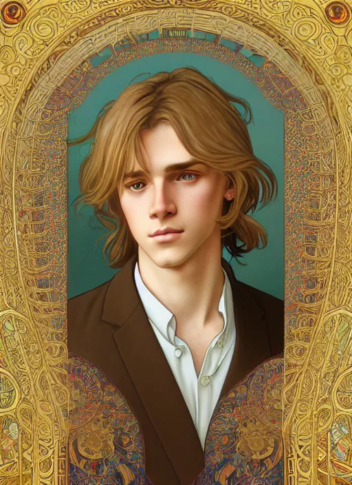 Image similar to pretty young man with shoulder length shiny shimmering golden blond hair, half body shot, emotional, decorative flower patterned background, path traced, highly detailed, high quality, digital painting, by studio ghibli and alphonse mucha, leesha hannigan, hidari, disney, jules bastien - lepage, art nouveau