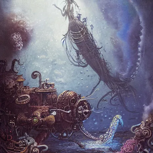 Prompt: a beautiful murmaid looking at a steampunk submarine above a slumbering kraken in its corpse filled lair under water, Greg Rutkowski, Moebius, Mohrbacher