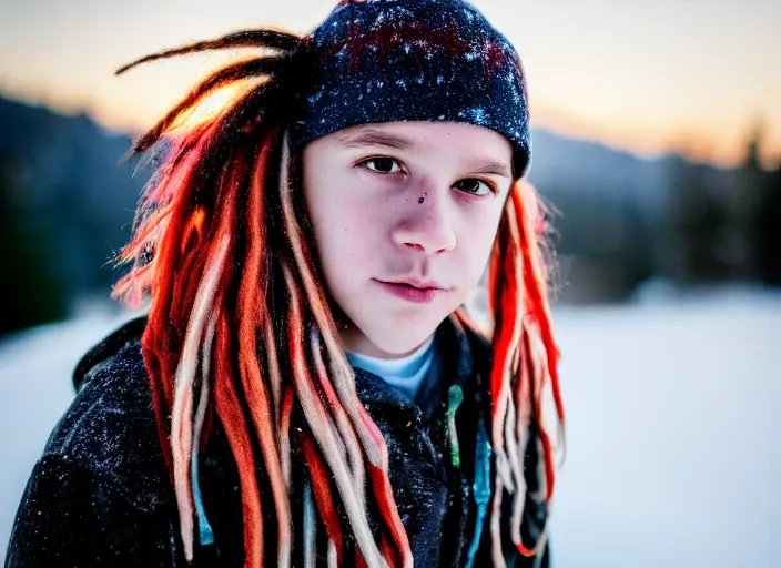 Image similar to dslr photo portrait of a boy, with colored dread hair in snow, sunrise, 8 k, 8 5 mm f 1. 4