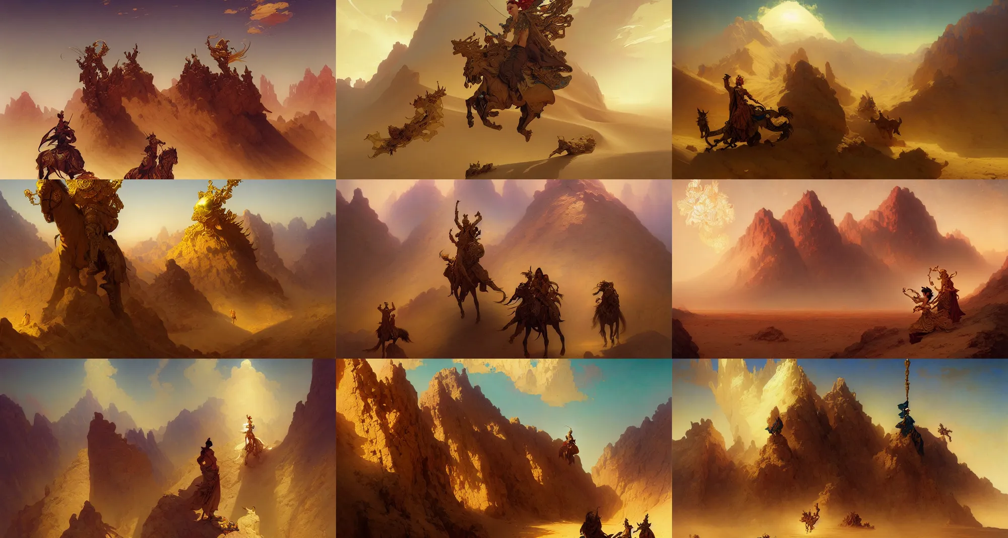 Prompt: golden mountain in the desert, fantasy, art by joseph leyendecker, peter mohrbacher, ivan aivazovsky, ruan jia, reza afshar, marc simonetti, alphonse mucha