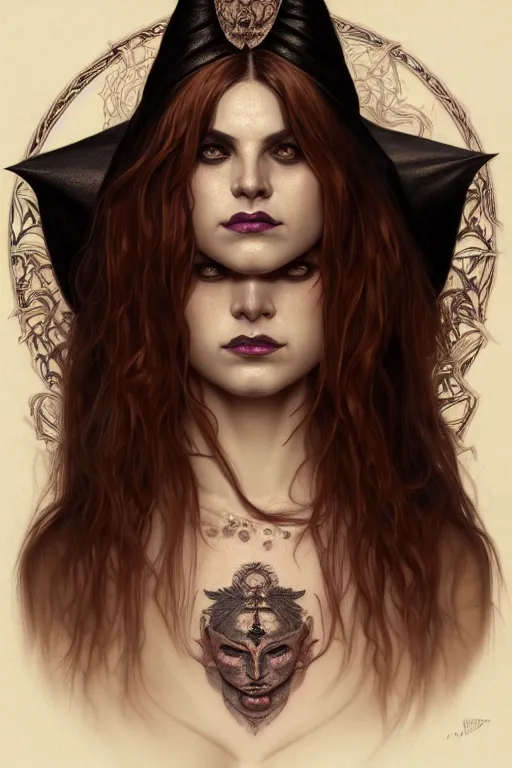 Image similar to portrait of a satanic witch, tattooed face, upper body, decorated, intricate, elegant, highly detailed, digital painting, artstation, concept art, smooth, sharp focus, illustration, art by artgerm and greg rutkowski and alphonse mucha, 8 k