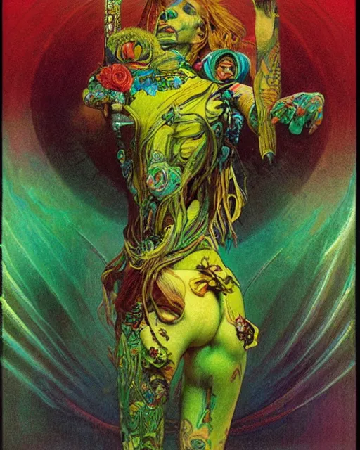 Image similar to rainbow flowerpunk portrait of a skateboarding tattooed green god by paul lehr, beksinski, alphonse mucha, jesper ejsing