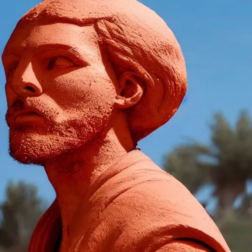 Image similar to cinematic still of a gust of wind blowing red clay into the shape of a red clay sculpture of 30 year old middle eastern man head and shoulders, strong, muscular, mysterious, fantastical, miraculous, epic, light rays, cinematic, Biblical epic directed by Steven Spielberg