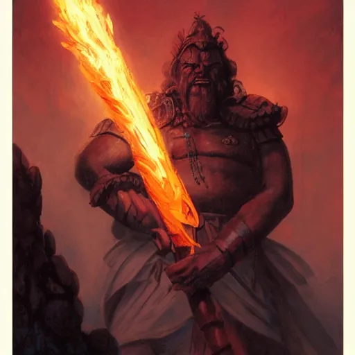 Prompt: quarter length portrait of a helmed fire giant with a giant sword wreathed in flame, d & d, fantasy, greg rutkowski, frank frazetta, alexandre chaudret, boris vallejo, michael whelan, miro petrov, hr giger, magali villeneuve, donato giancola