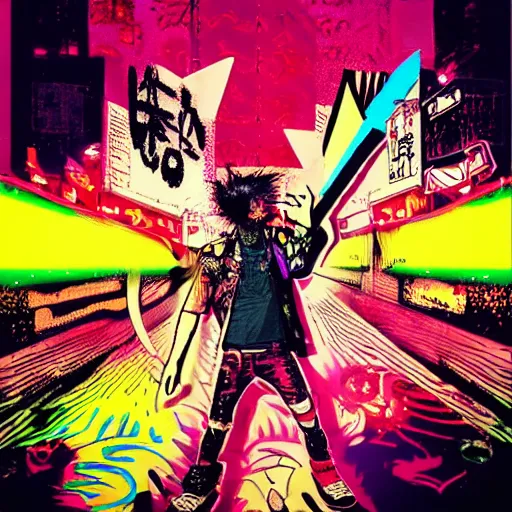 Image similar to pop art of a punk at a japanese metal concert in a cyberpunk world, bright neon colors, intricate details, complementary colors, detailed face, backlighting, octane render, depth of field, extremely detailed, trending in artstation, focus on face, sharp focus, radiant light, beautiful composition, drawn by roy lichtenstein, keith haring, romero britto