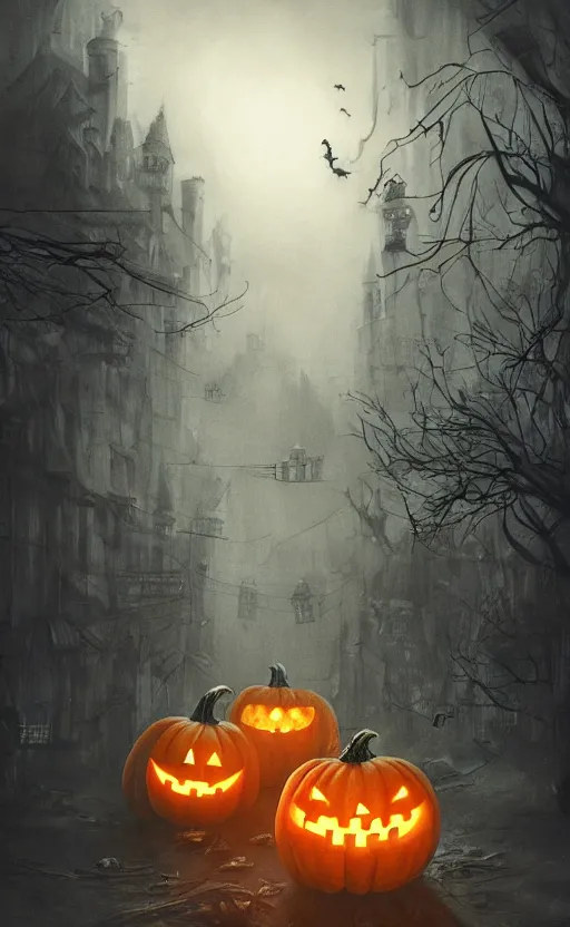 Image similar to a creepy and eery Halloween setting, with Jack o lanterns on the street and ghost roaming around, dynamic lighting, photorealistic fantasy concept art, stunning visuals, creative, cinematic, ultra detailed, trending on art station, spooky vibe