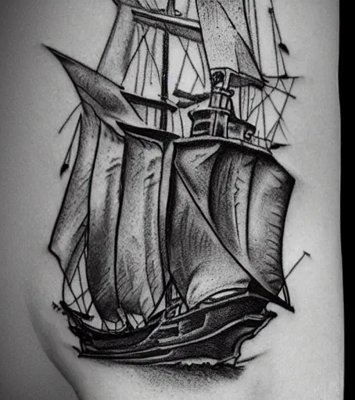 Image similar to A realistic black and white tattoo design sketch of a pirate ship, highly detailed tattoo, shaded tattoo, hyper realistic tattoo