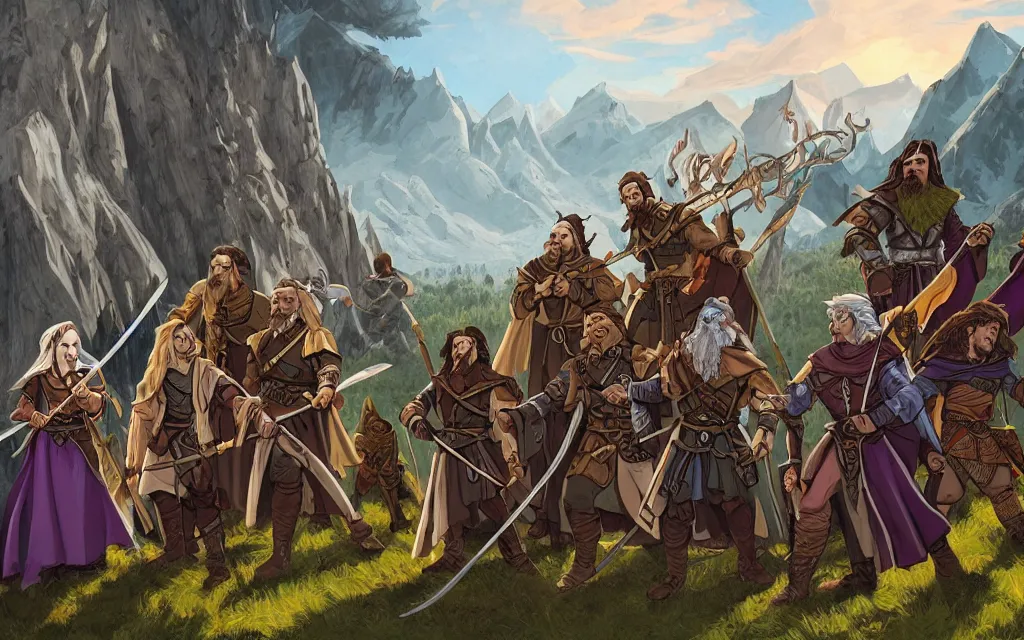 Prompt: DnD party with a wizard, knight, rogue, druid, bard, adventuring across vast rugged mountain range, long sightline, LOTR fantasy illustration