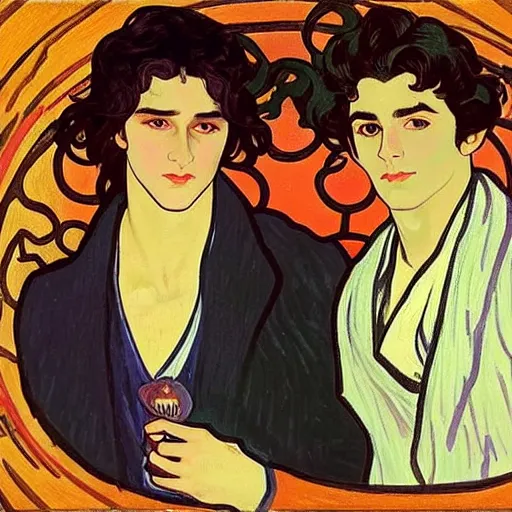 Prompt: painting of young handsome beautiful dark medium wavy hair man in his 2 0 s named shadow taehyung and cute handsome beautiful min - jun together at the halloween witchcraft party, bubbling cauldron, casting spells, autumn colors, elegant, ritual, stylized, soft facial features, delicate facial features, art by alphonse mucha, vincent van gogh, egon schiele