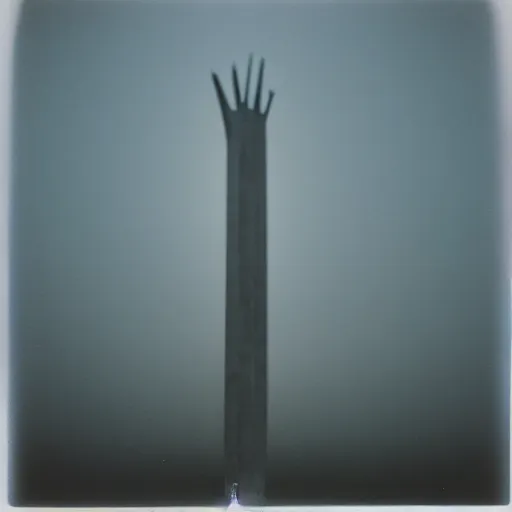 Prompt: very tall concrete sculpture reaching into the fog, expired film, old polaroid, night, megalophobia,