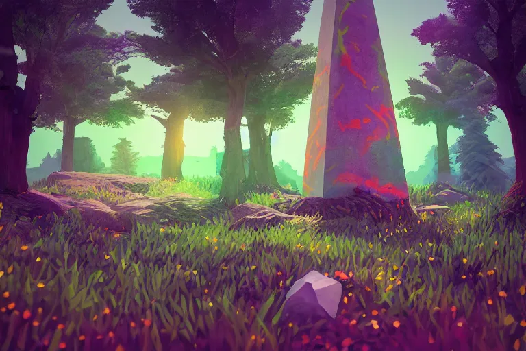 Image similar to super detailed color lowpoly art, overgrown mystical meadow with numerous trees, singular ancient stone obelisk with subtle glowing runes, unreal engine, retrowave color palette, 3 d render, lowpoly, colorful, digital art, perspective