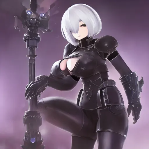 Image similar to full body shot of 2B (Nier Automata) as a Starcraft 2 character, artstation cgsociety highly-detailed