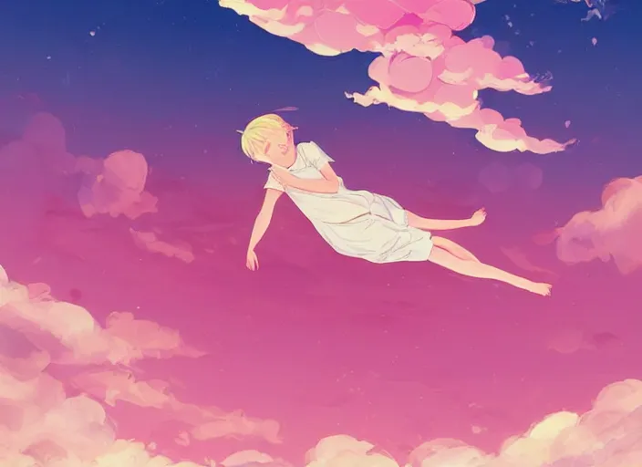 Image similar to a newborn baby with blonde hair lying on a cloud in front of a pink and blue sunrise sky. clean cel shaded vector art. shutterstock. behance hd by lois van baarle, artgerm, helen huang, by makoto shinkai and ilya kuvshinov, rossdraws, illustration, art by ilya kuvshinov