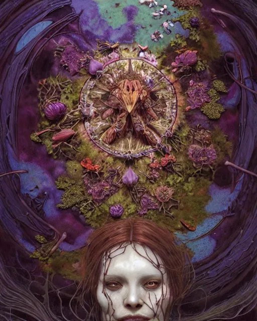 Image similar to the platonic ideal of flowers, rotting, insects and praying of cletus kasady carnage davinci dementor wild hunt chtulu mandelbulb mandala ponyo heavy rain the witcher, d & d, fantasy, ego death, decay, dmt, psilocybin, concept art by randy vargas and greg rutkowski and ruan jia and alphonse mucha