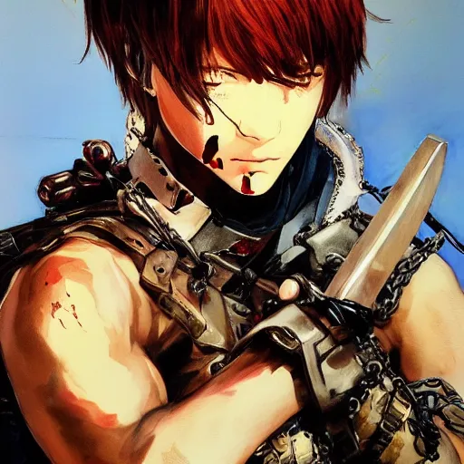 Image similar to portrait of a young white hero using his right arm to hold his sword covering his eye by yoji shinkawa, high quality, extra details, realism, ornate, colored, golden chain, blood, white skin, short hair, brown eyes, vivid, sunlight, headband, eyepatch, white american soldier, painting, cybernetics, military