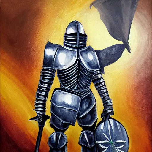 Image similar to a full armored knight praising a cannabis leaf. oil painting. 4 k.