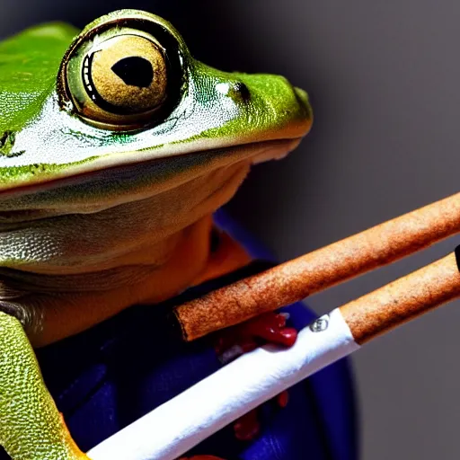 Image similar to a high detail closeup shot of a frog wearing a suit 👔,and smoking a cigarrette🚬