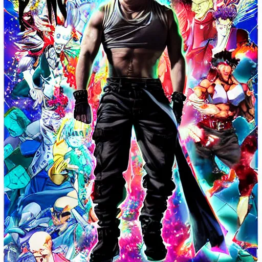 Prompt: Digital painting of Vin Diesel wearing strange clothes walking like a Italian model in JoJo\'s Bizzare Adventure anime style, official media from JoJo\'s Bizzare Adventure, highly detailed, sharp focus, screentone shading, sligthly hard shadows, 1990 manga panel, trending on ArtStation, manga cover art by Hirohiko Araki