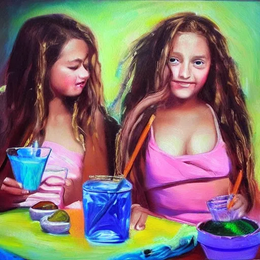 Image similar to “springbreak party, 3 young girls, hyper realistic oil painting”