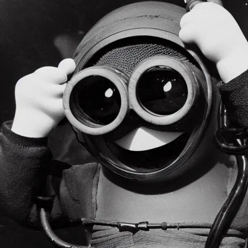 Image similar to old creepy black and white photograph of a minion in deep sea diving gear