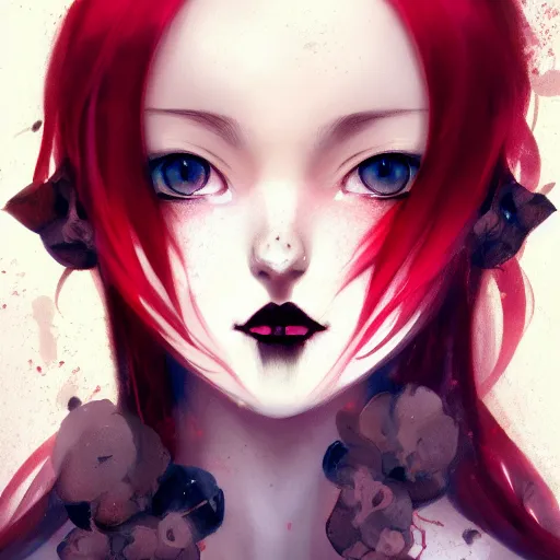 Image similar to facial portrait of a young pretty anime woman, long red hair, dark eyes, gothic eyeliner, character concept art, headshot, Charlie Bowater, Anna Dittmann, WLOP, Rumiko Takahashi, Akihiko Yoshida, Hyung-tae Kim, alexander mcqueen, trending on Artstation