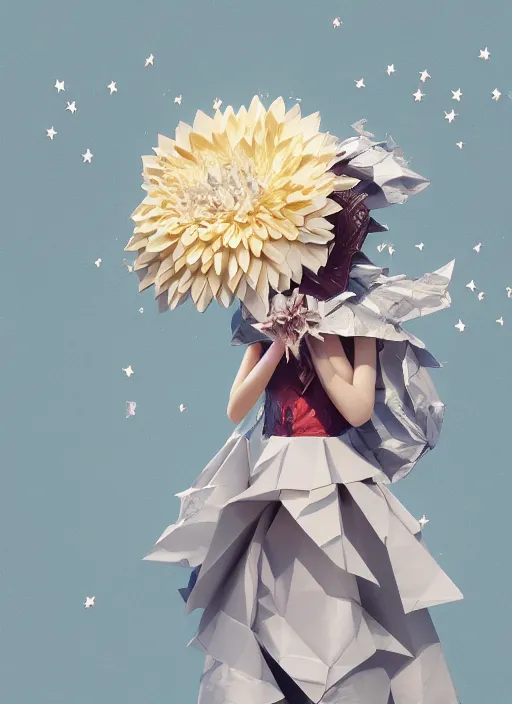 Image similar to background edge of space with puffy clouds are dusk, anthropomorphic paper woman wrapped in a flowing couture tissue paper, paper chrysanthemums, many origami stars, eery light, 3 d, very detailed, octane render, trending artstation, artgem