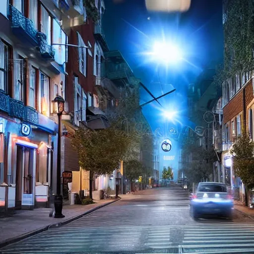 Image similar to a volumetric city of pure blue light, beautiful street with city structures of blue light emission, perspective looking through augmented reality, this town is rendered but the street is real life, photo