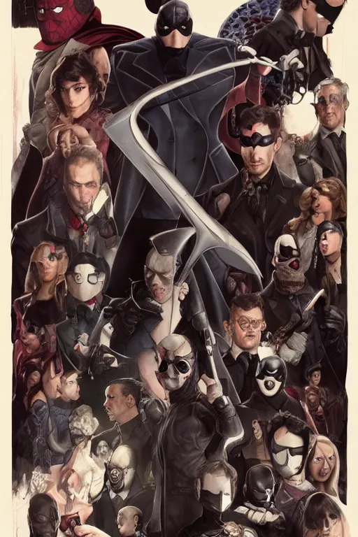 Image similar to the Umbrella Academy, superheroes, gothic masks, superhero suits, movie poster, highly intricate, cinematic lighting, realistic faces, highly detailed, digital painting, artstation, concept art, cel-shaded, smooth, sharp focus, illustration, art by artgerm and greg rutkowski and alphonse mucha