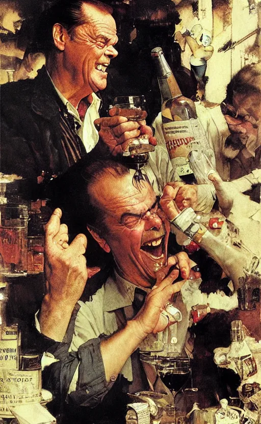 Image similar to illustration, jack nicholson is a bottle, by norman rockwell, roberto ferri, daniel gerhartz, edd cartier, jack kirby, howard brown, ruan jia, tom lovell, jacob collins, dean cornwell