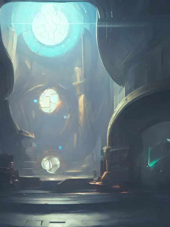 Image similar to sci fi environment concept art featuring a shield enchanted with energy, weapon shop interior, legendary item, shelf, fantasy, trending on artstation, stylistic, brush strokes, oil, canvas, by kawacy and makoto shinkai